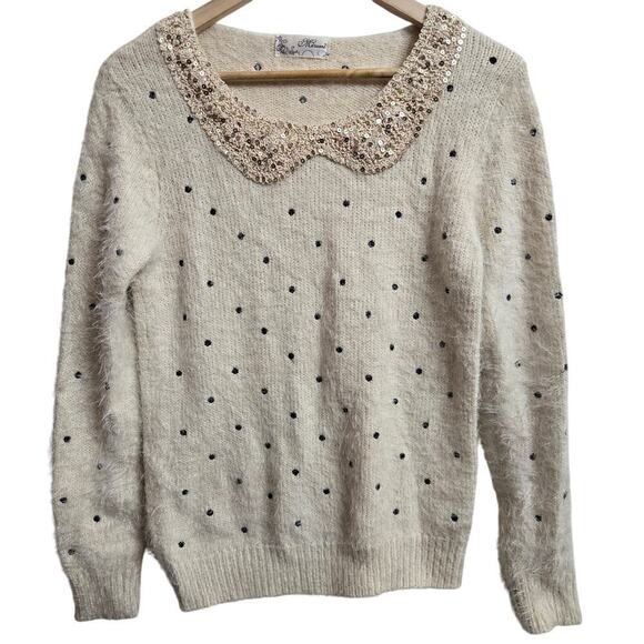 Womens Polka Dot Sequin Collar Fuzzy Knit Sweater Size L Super Soft Glam Cottage - Picture 1 of 11